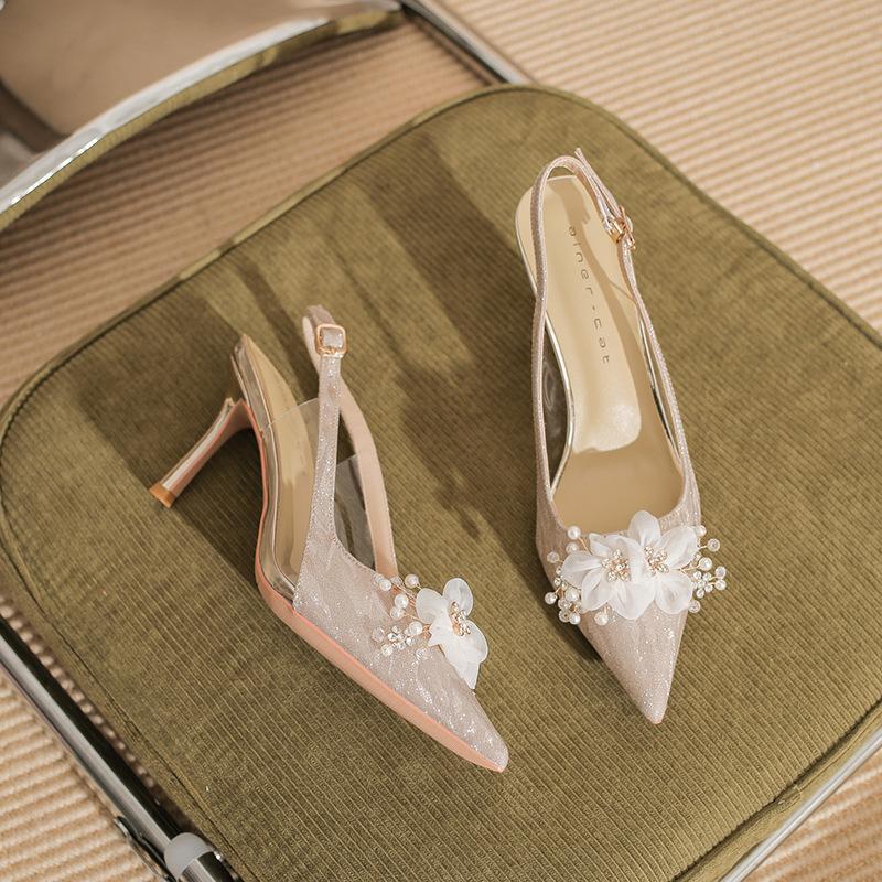7520-8 [sheepskin] High Heels Women's Thin Heels 2025 New Pointed Empty Sandals Crystal Flower Wedding Shoes