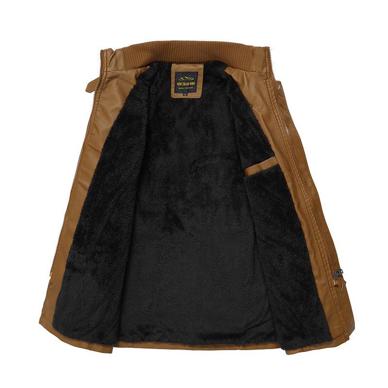 Men's Winter Fleece-Lined Leather Jacket, Mid-Length, Thickened, Casual, Middle-Aged, Warm Cotton Coat