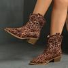 Western Cowboy Boots Women'S Suede Thick Heel Pointed Head V Mouth Thin Leopard Print Retro Medium Heel Short Martin Boots Women