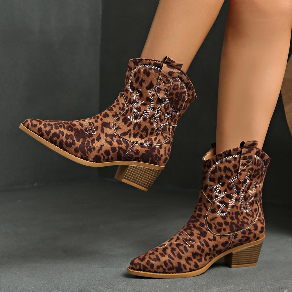 Western Cowboy Boots Women'S Suede Thick Heel Pointed Head V Mouth Thin Leopard Print Retro Medium Heel Short Martin Boots Women