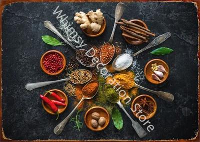 Kitchen Themed Wall Art Decor Colorful Spice and Spoon In Table Metal Tin Sign Food Cooking Ingredients Metal Art Print Decor