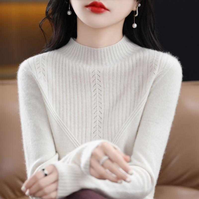 Woolen Sweater Pullover Women Half High Neck Diamond Sweater Knitted Sweater Autumn and Winter Long Sleeve Sweater Pullover