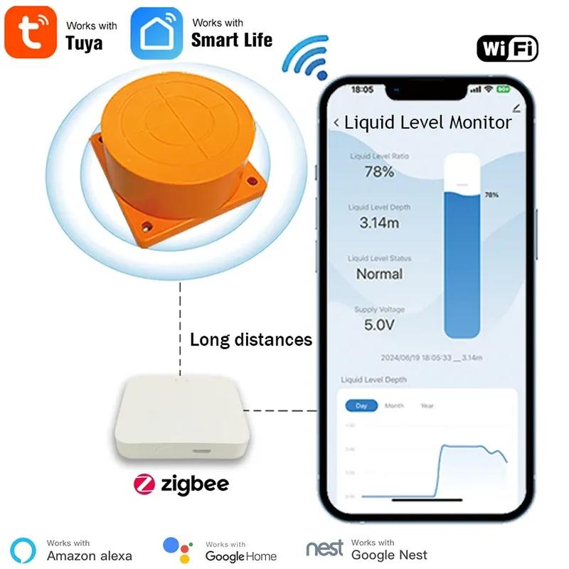 Tuya SmartZigbee Ultrasonic Liquid Level Water Tank Monitor Sensor with Real-time Alarm Notification IOS Android APP Control