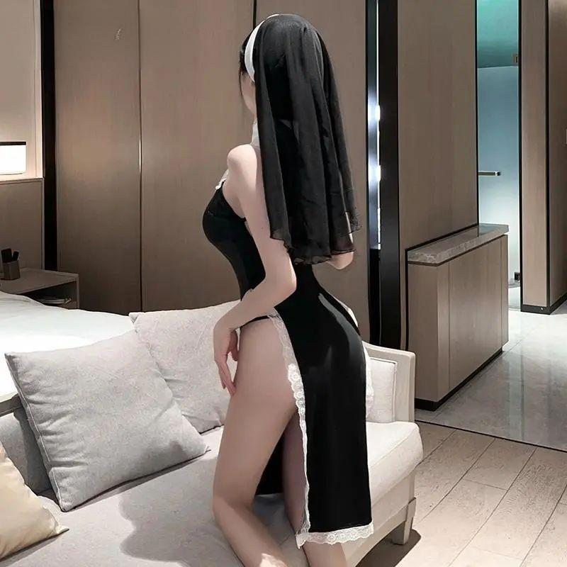 Štíhlé dámské sexy Crossdress Crossdress Cosplay Uniform Velké jednodílné šaty s vysokým děleným dílem