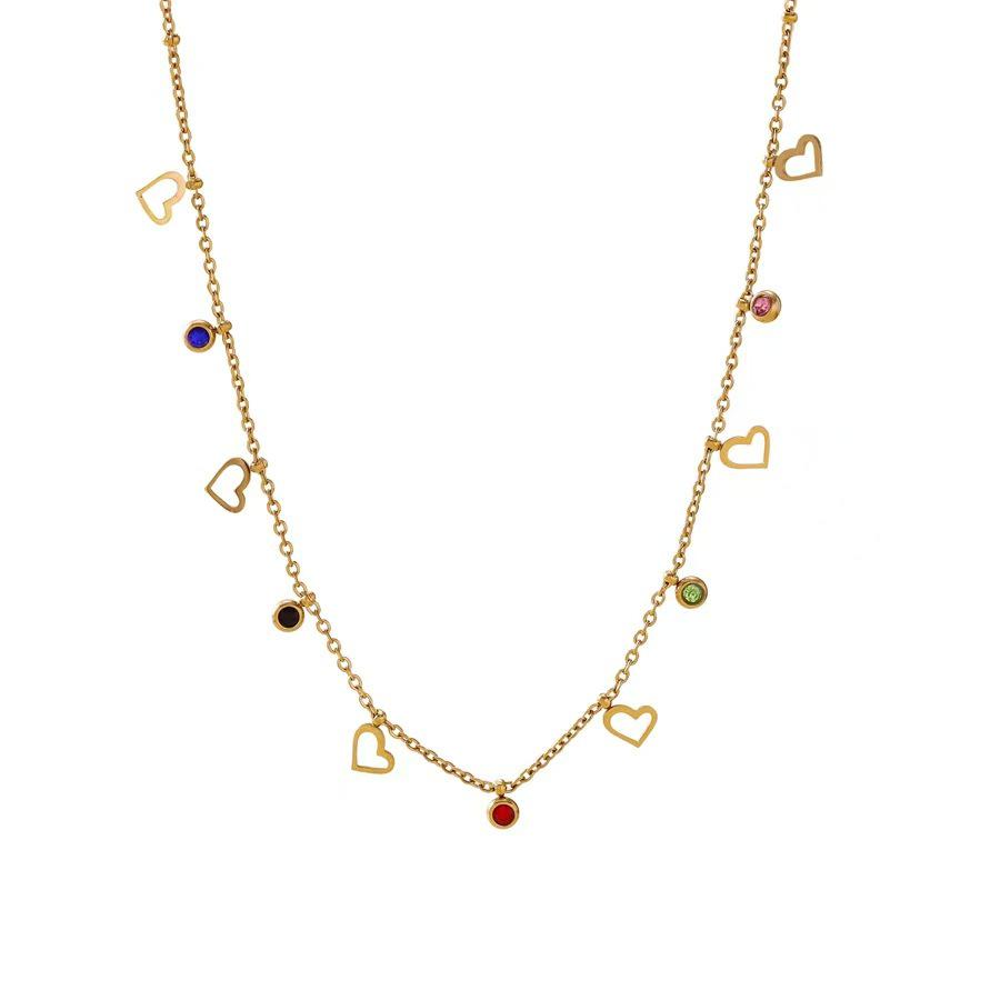 18K Gold Plated Titanium Steel Hollow Heart Necklace with Colored Zircon Tassels for Women - Colorfast Clavicle Chain