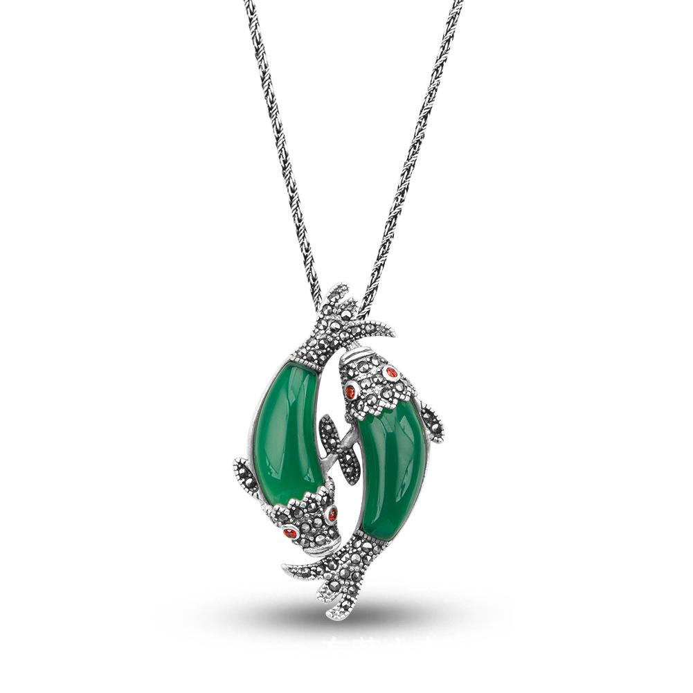 

Этническое ожерелье Jade Angel: Тайское серебро с синтетическим агатом, кошачьим глазом, лунным камнем и подвеска из стерлингового серебра S925 S925 Silver