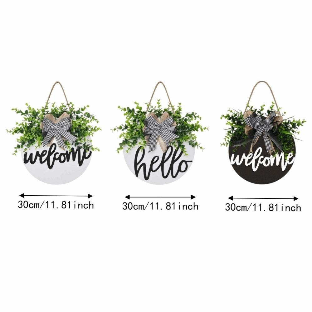 30cm 11.81in Wooden Welcome Sign Artificial Plant Wall Art Creative Hanging Decoration Wall Decor