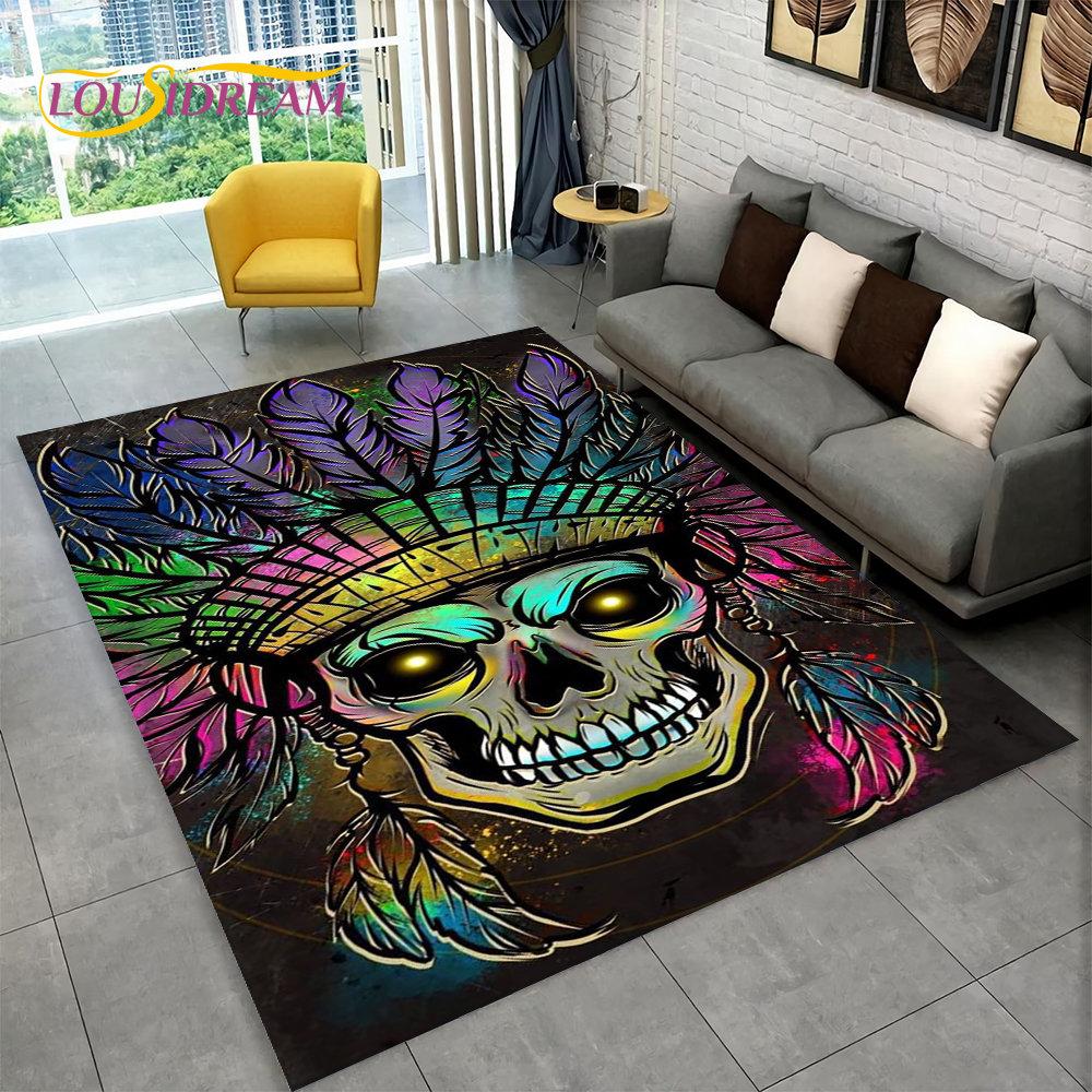 3D Gothic Horror Indian Skull Area Rug,Carpet Rug for Home Living Room Bedroom Sofa Doormat Decor,Kitchen Non-slip Floor Mat