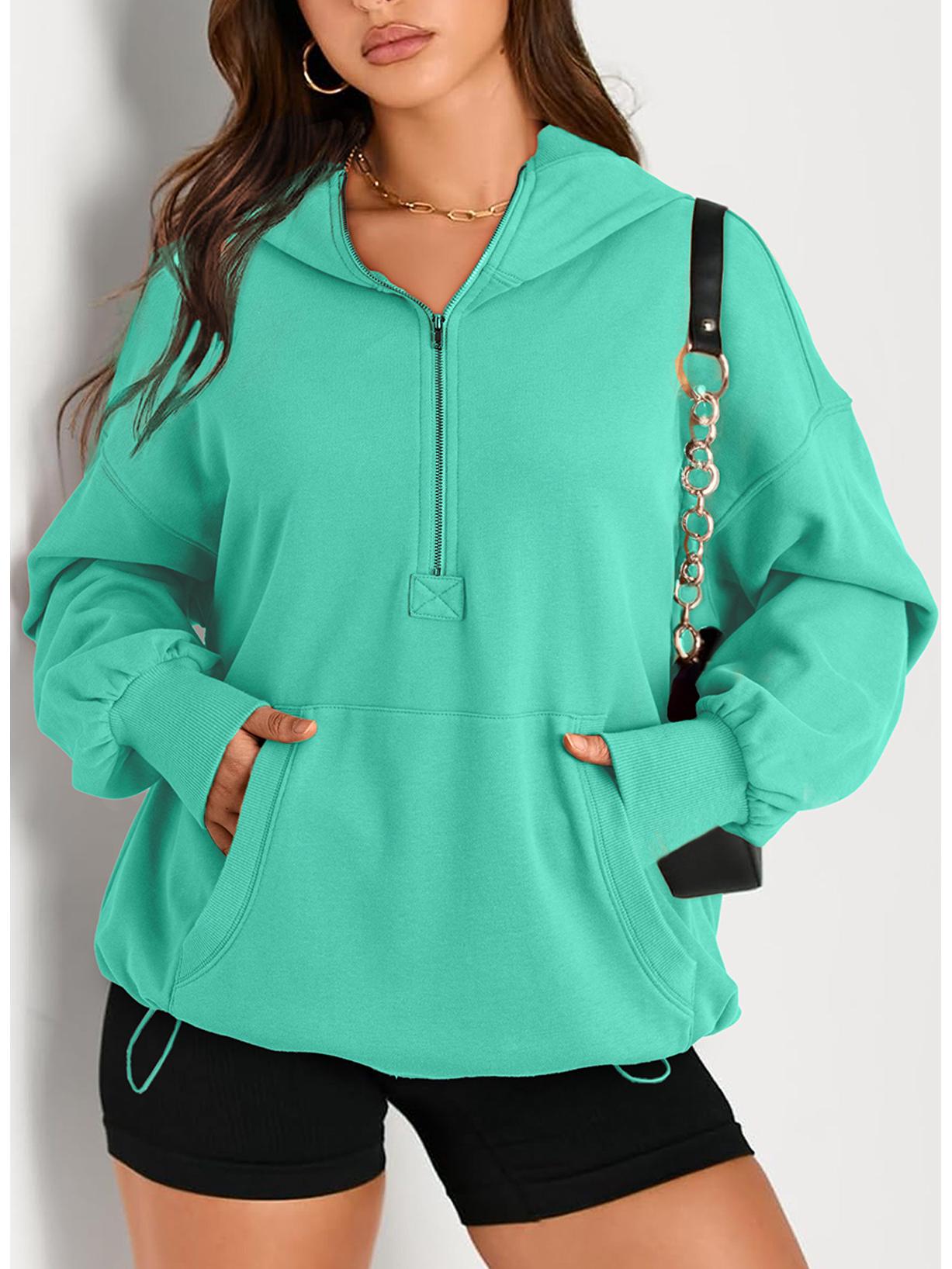 

Женская осенне-зимняя толстовка 2025 года в европейском и американском стиле, однотонная, с длинными рукавами, капюшоном и застежкой-молнией, с карманами XL циан