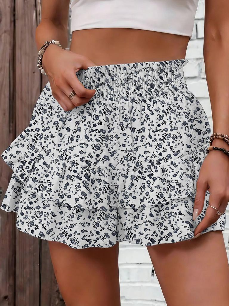 Women High Waist Smocked Ruffle Skort Layered Tiered Casual Summer Wide Leg Shorts Skirt