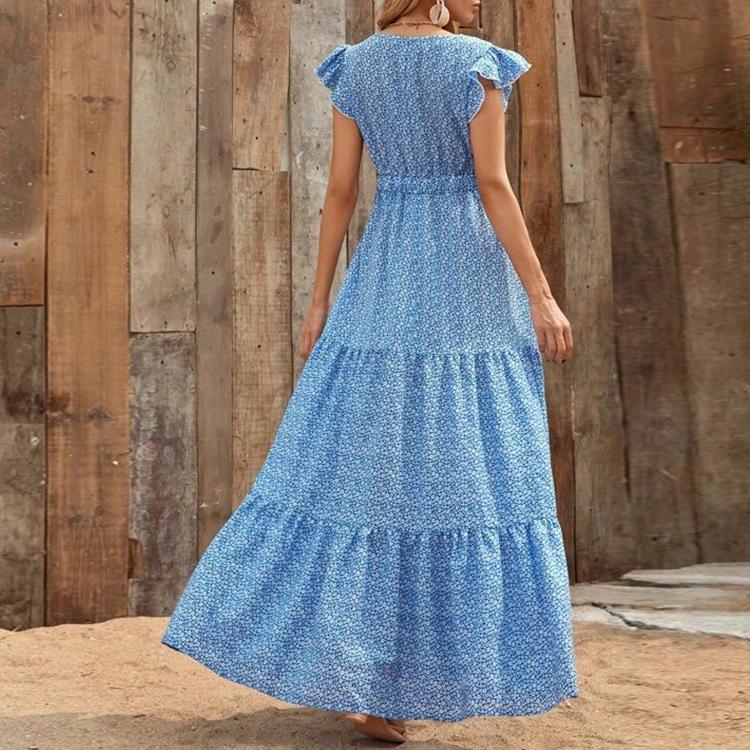 Bohemian Floral Maxi Dress - V-Neck Empire Waist Patchwork