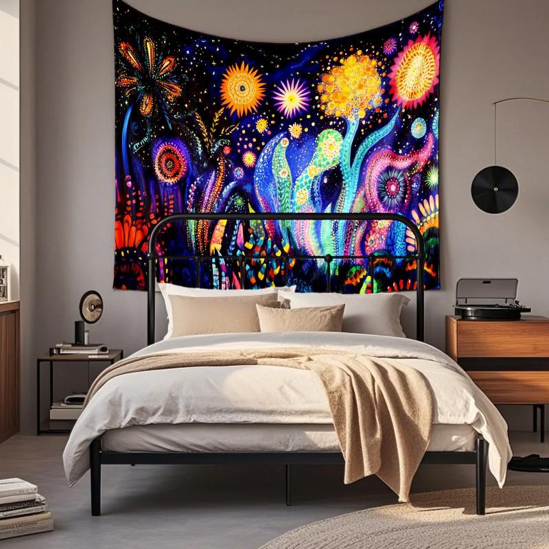 Boho Chic Wall Tapestry With Moon Phase Floral Starry Sky Design Bedroom Yoga Studio Decor