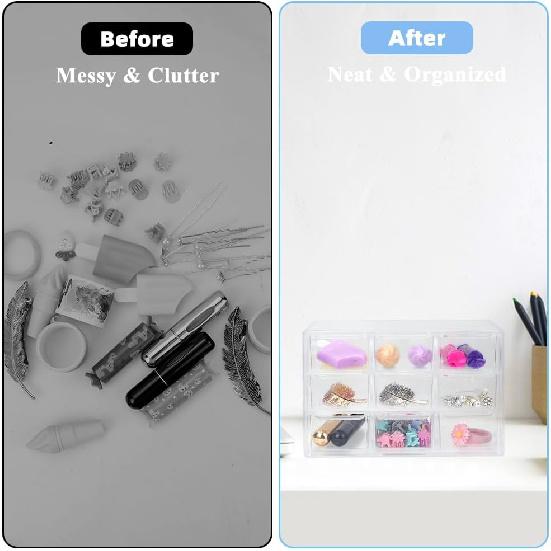 2 Pcs Acrylic Clear Stackable Storage Drawers, Desk Storage Organizer with 9 Mini Drawers, Removable Storage Box with Sticker for Makeup Jewelry