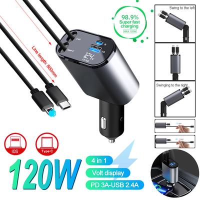 120W Araç Şarj Cihazı Araç Süper Hızlı Şarj Flaş Şarj, Teleskopik Kablo 4'ü 1 Arada Araç Şarj Cihazı 2 USB Bağlantı Noktası Adaptörü Uyumlu