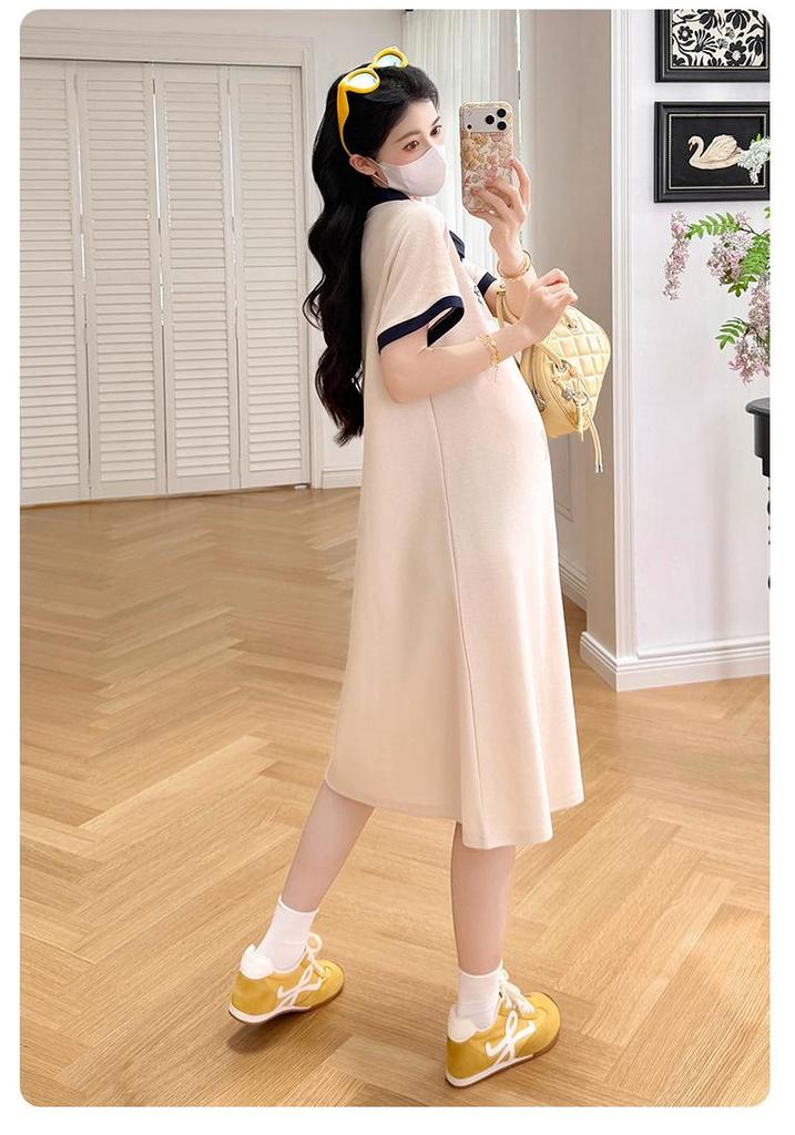 Summer 2026 Maternity Color-Block Zipper Polo Dress - Casual Loose A-Line Mid-Length Skirt