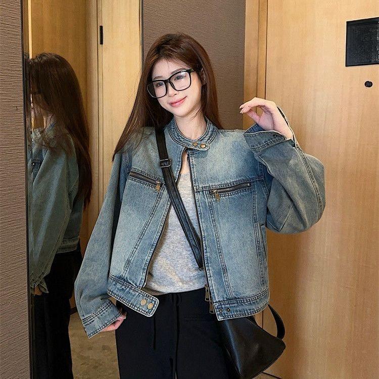 Frühlingskurze Jeansjacke Stehkragen Reißverschluss Vintage Gewaschen Lockerer Schnitt Stylisch Layering Essential