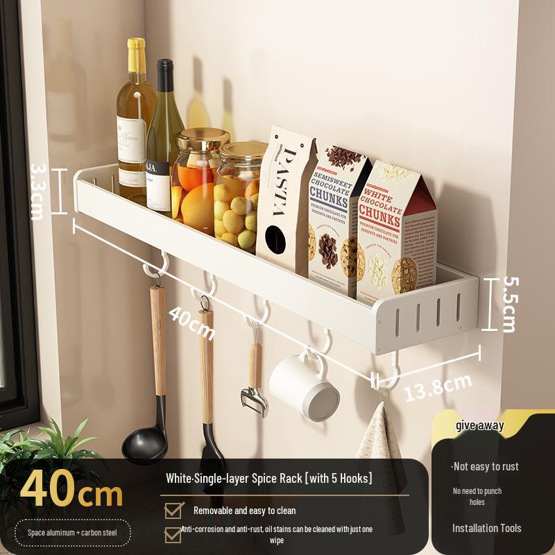 White Wall-Mounted Kitchen Rack: No-Drill Seasoning, Knife, and Chopsticks Organizer