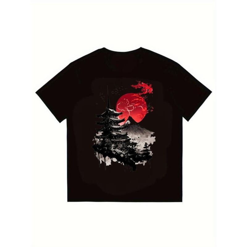 

Black T-Shirt with Japanese Pagoda and Red Sun Print for Casual Wear XXXXL