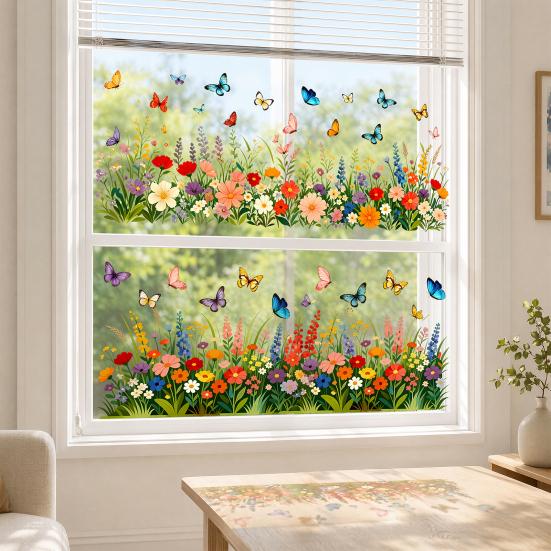 Yousheng Colorful Flower Butterfly Window Cling, Waterproof PVC Static Glass Sticker, Removable No Adhesive Window Sticker for Home Bedroom Kitchen
