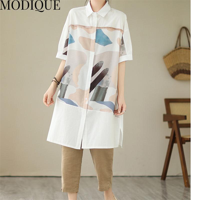 MODIQUE Summer Plus Size Women Cotton Linen Spliced Blouse Shirts Printing Summer Office Lady Coats Oversize Buttons