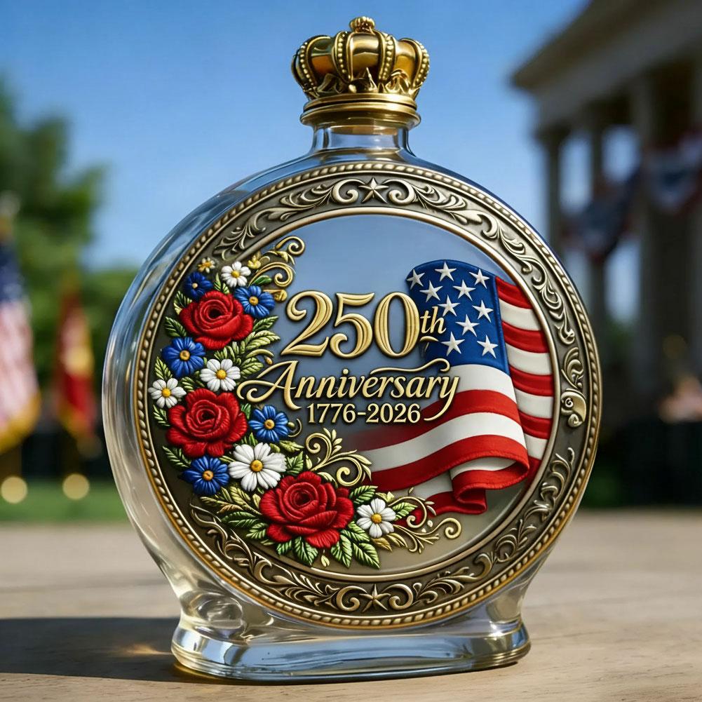 250th Anniversary Glass Decanter Bottle 3D Embossed USA Flag Floral 1776-2026 Liquor Bottle for Bourbon Scotch Fathers Day Gift