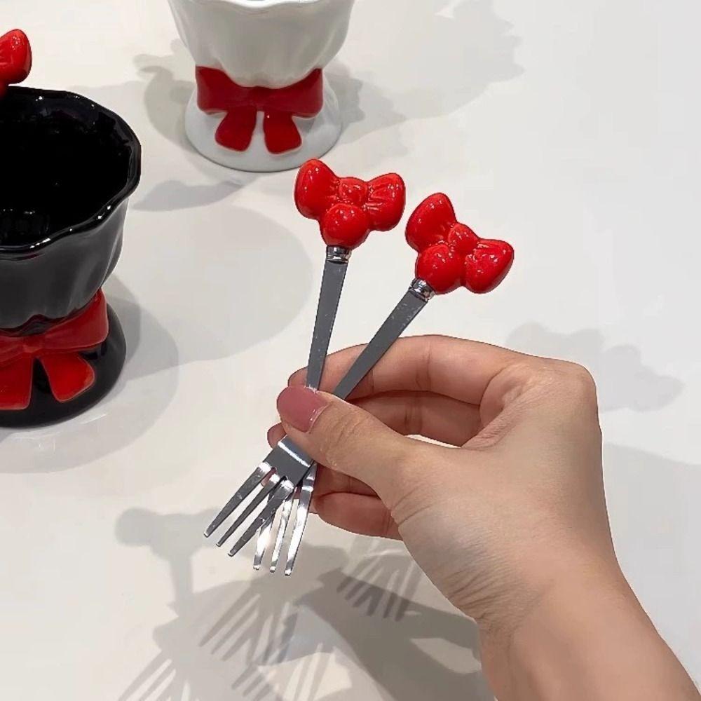 Bowknot Ceramic Fruit Forks Set Ins Style Creative Ceramic Fruit Forks Receipt Jar Solid Color Decorative Stainless Steel Fork