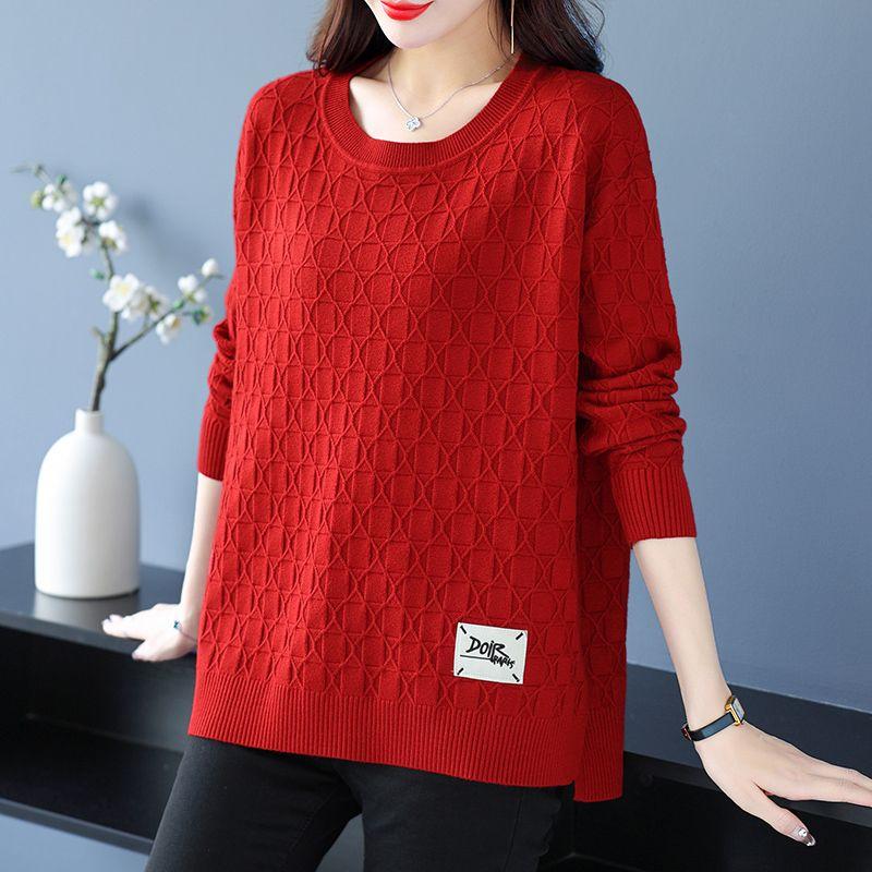 Spring and Autumn Women's Plus Size Knit Sweater Thin Loose Crew Neck Pullover Knitwear Short Slit Stretch Knit Top Jumper