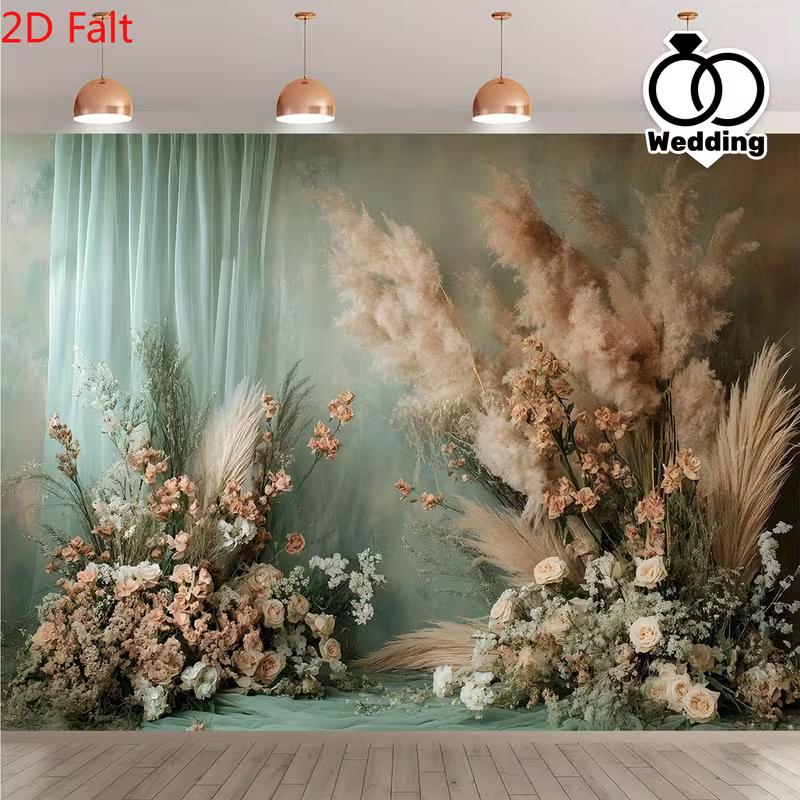 2D Boho Trockenblumen Hintergrund Vorhang in gedämpftem Grün für Studiofotografie