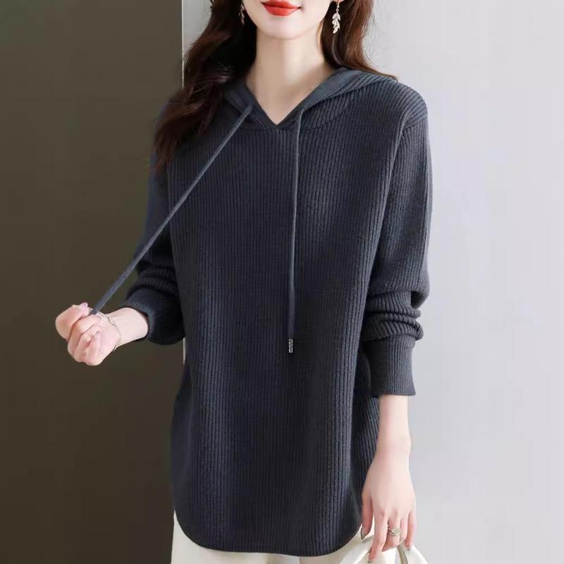 Podzim Zima Jednobarevný Volný Ležérní Pletený Top s Kapucí Dámský Vintage Stahovací Svetr