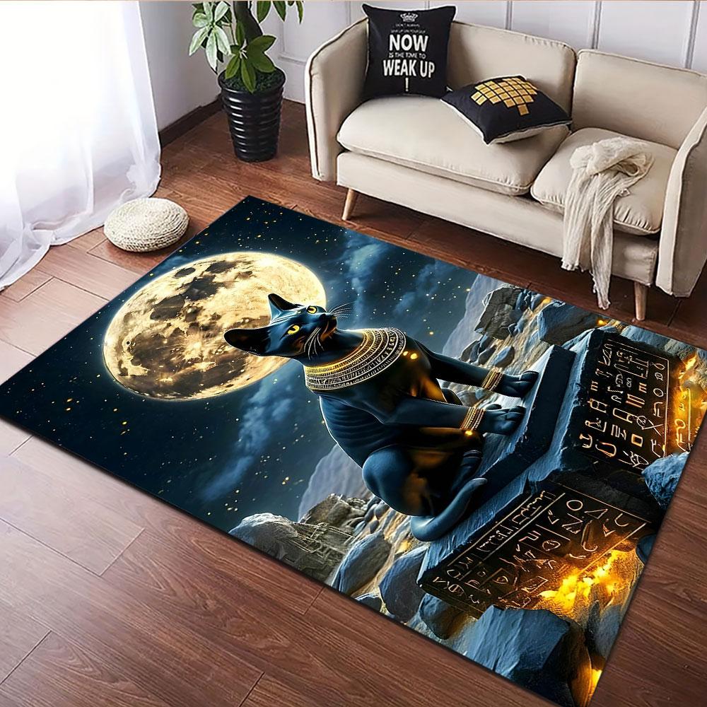 "Ancient Egyptian Cat with Full Moon" Patterned carpet, suitable as a non slip play mat for the living room and bedroom sofa
