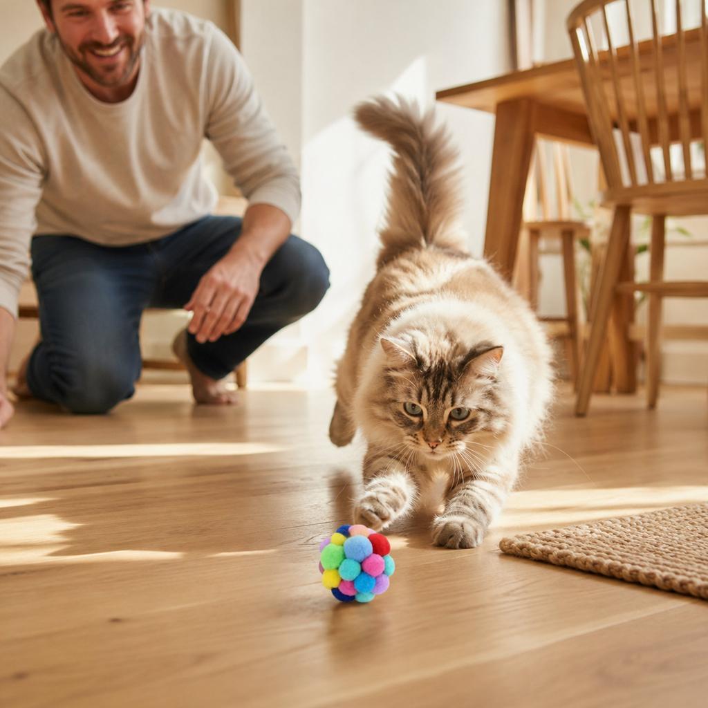Interactive Plush Cat Toy Ball with Bell Durable Soft Texture for Pet Play and Entertainment Suitable for Indoor Use