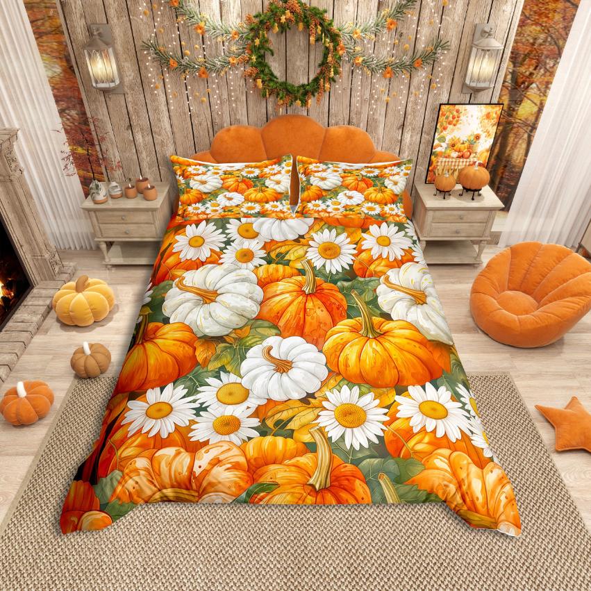 Homewish Rustic Flower Maples Duvet Cover SetAutumn Harvest Pumpkin Comforter Cover SetBrown Pine Cone Bed Set For Girls