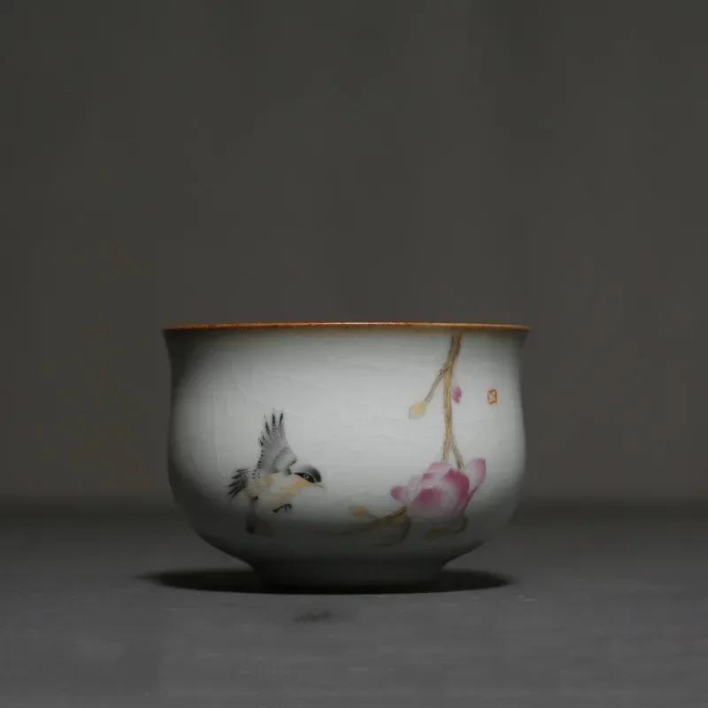 

Retro Ru Kiln Ceramic Teacup Travel Portable Meditation Cup Hand Painted Flower Tea Bowl Master Cup Handmade Tea Set Accessories 7.2X5CM 100ML