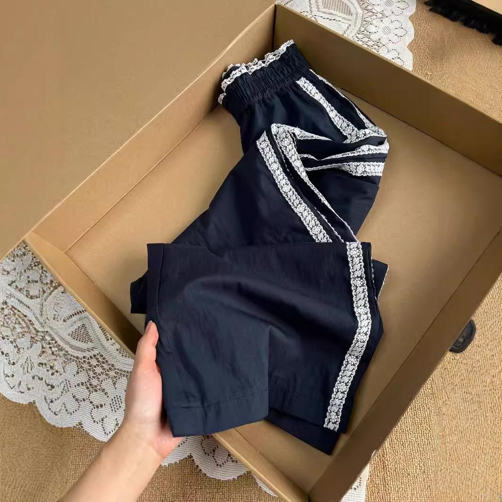 Hose mit Streifen und Spitze im koreanischen Stil für Damen, Herbstneuheit, elastische Taille, Harajuku-Stil, Freizeithose, gerade Hose