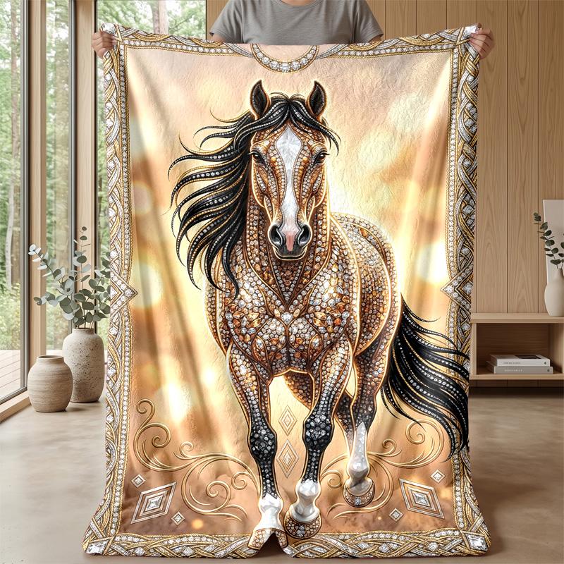 Golden Horse Journey Theme blanket Lightweight Warm Flannel Blanket Decorative Throw Blanket for Home Decoration