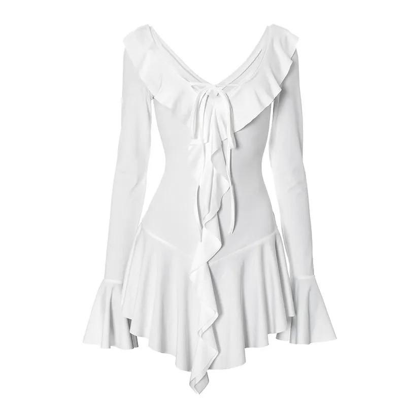 Temperament Slim Fit Ruffled Solid Color Trumpet Long Sleeves Tie Dress For Women