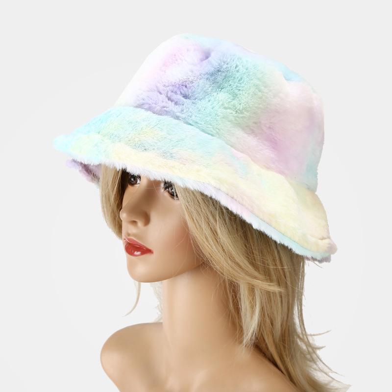 New Cute Girl Rainbow Plush Fisherman Hat Children Winter Small Fresh Warm Basin Hat Tide