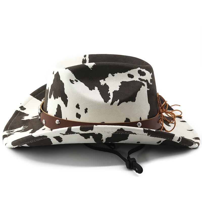 Cow Print Western Cowboy Hat Bull Head Metal Decor Rivet Leather Band Wide Brim Party Fedora Hat