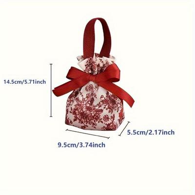 Elegant Red Drawstring Gift Bag with Floral Pattern & Ribbon Bow - Soft,Reusable Canvas Pouch for Jewelry Perfect for Christmas