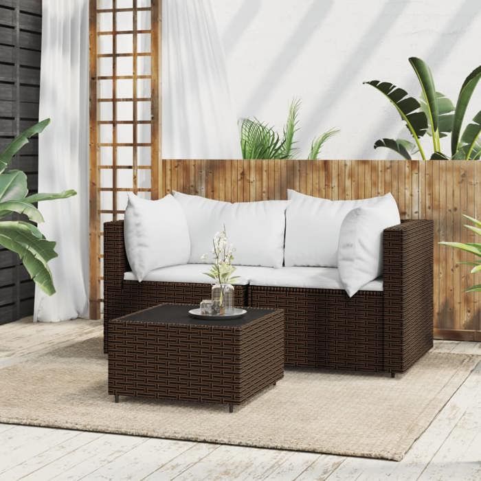 VidaXL Garden Lounge Set 3 Pcs with Brown Wicker Cushions, Outdoor Lounge Set, Furniture Set 319747