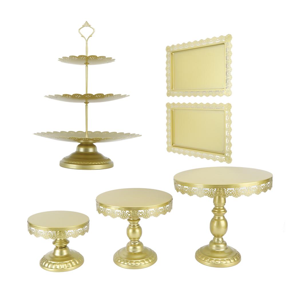 Ensemble de 6 Supports à Gâteaux Dorés en Fer Exquis Rétro Mariage Étages Support à Gâteaux avec Plateaux pour Cupcakes