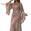 2 Pcs/Set Women Evening Dress Big Swing Shiny Bronzed Cardigan Slip Dress Set See-through Mesh Long Sleeve Coat Cocktail Events Special Occasions