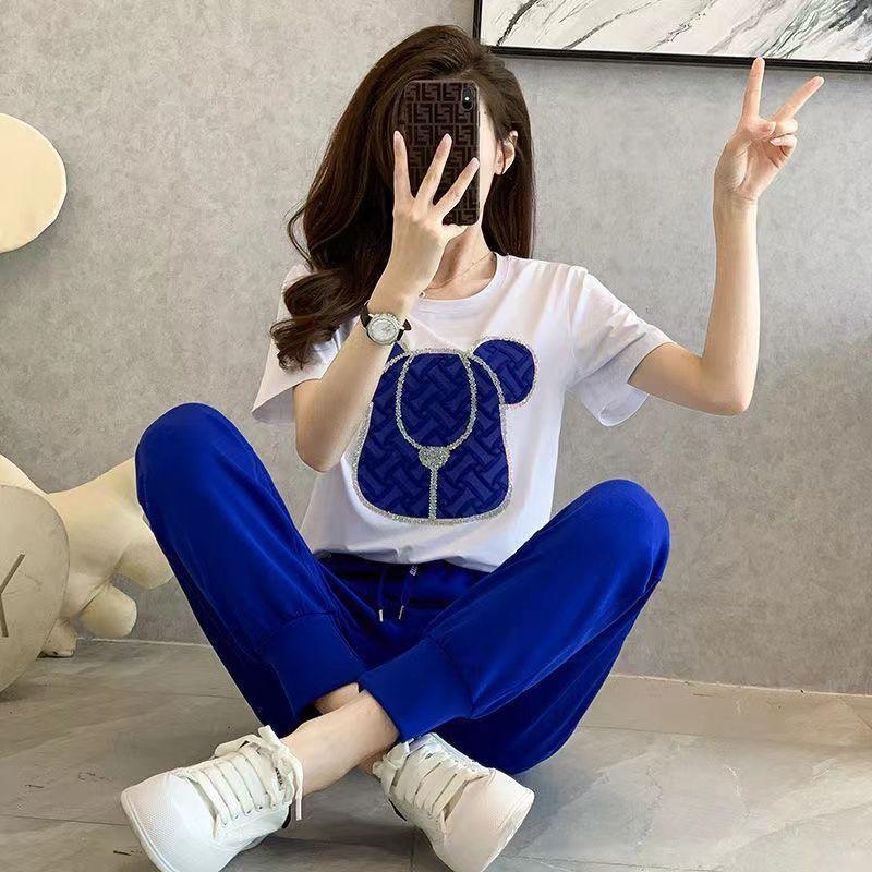 Fashionable Sports Suit for Women in Summer, Age-reducing, Versatile Short-sleeved Casual Trousers Two-piece Set