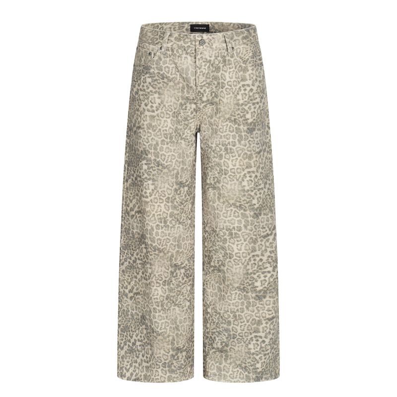 

Kisko American Retro Washed Vintage Leopard Print Jeans Unisex Trendy Loose Straight Casual Slimming Pants Leopard Color X L