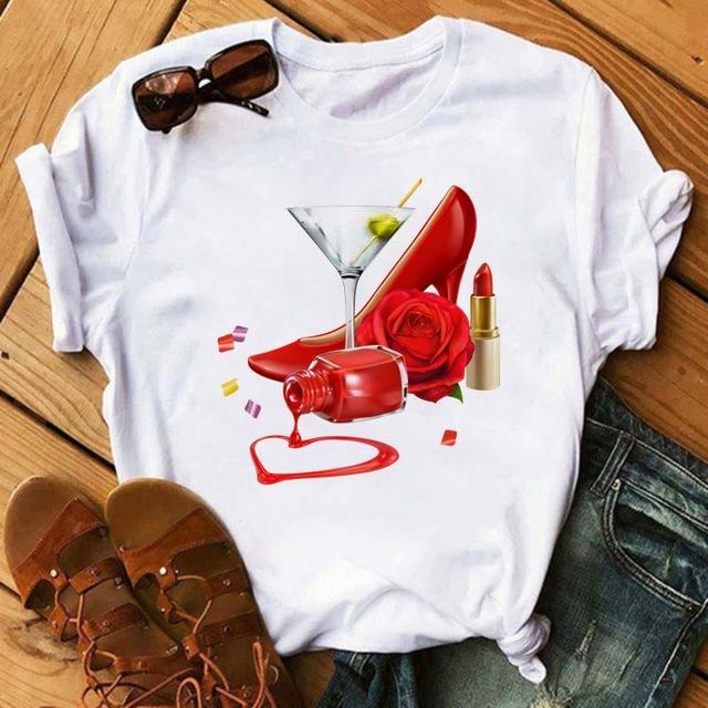 T-shirt a maniche corte da donna Primavera Estate Moda Tacchi Alti Stampa Bicchiere da Vino Grafica Tessuto in Poliestere Top Casual per Signore