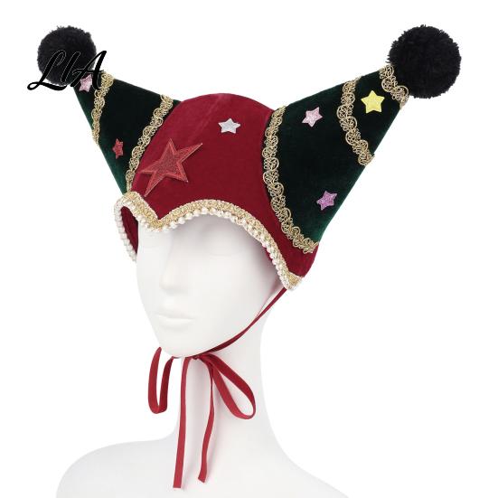 Holiday Photo Booth Decorations Christmas Jester Hat, Velvet Star Clown Hat with Gold Trim Pom Retro Style Performance Headpiece Poms, Adjustable Tie,