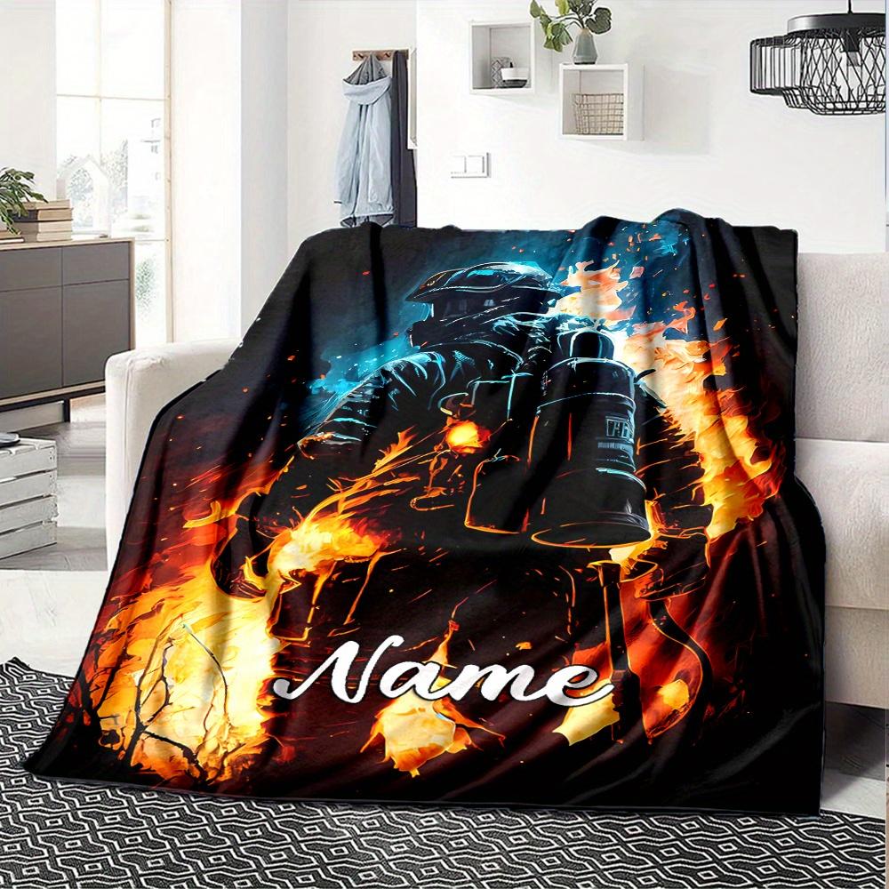 Firefighter Flames Blanket With Customizable Name Four Seasons Comfortable Shawl Blanket Suitable For Home Travel Camping Office Decoration Perfect