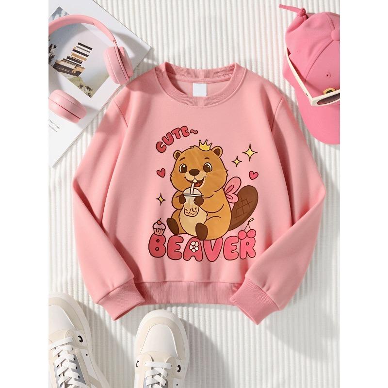 Kids Sweatshirt,Crew Neck Fashion Top, Fun "Cute Beaver Drinking" Patterned Sweatshirt, for Everyday Casual Wear, for All Kinds of Daily Outfits