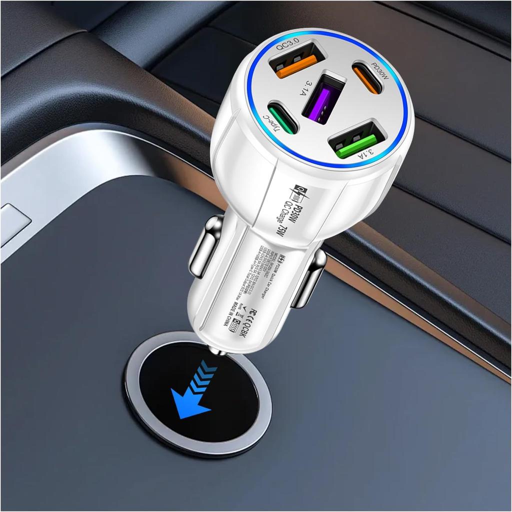 5 Port Fast Car Charger Adapter,12-24V Car Charger USB C & 30W QC3.0/3.1A Port with Reinforced Contacts & Lighting,75W Vehicle Accessories Cigarette