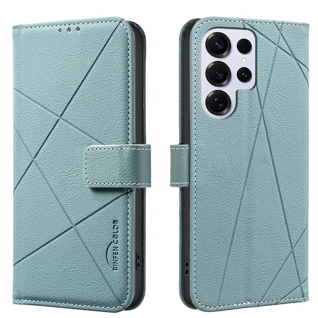 

For Samsung Galaxy S25 Ultra Case BINFEN COLOR BF35 Geometry Imprinted Leather Phone Cover RFID Blocking Wallet Stand B